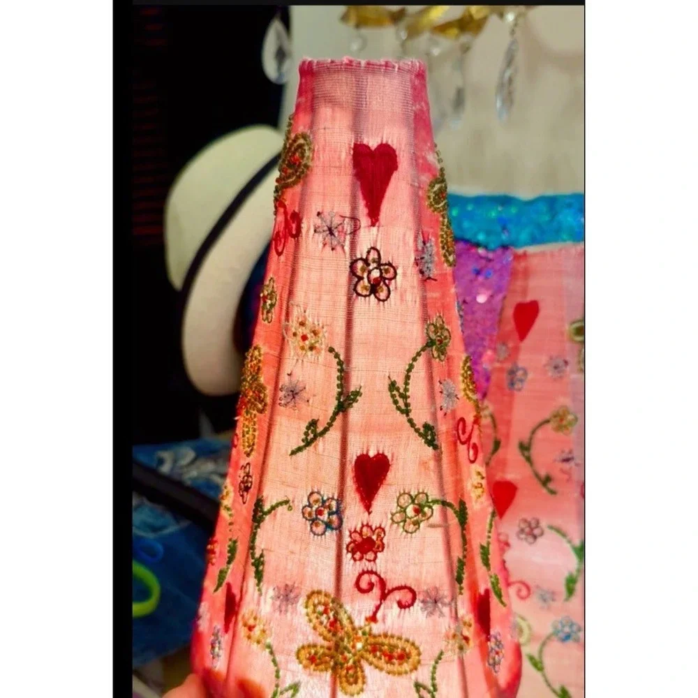 Pair Pink Fabric Clip-On Conical Bell Lamp Shade Embroidered Butterflies Hearts